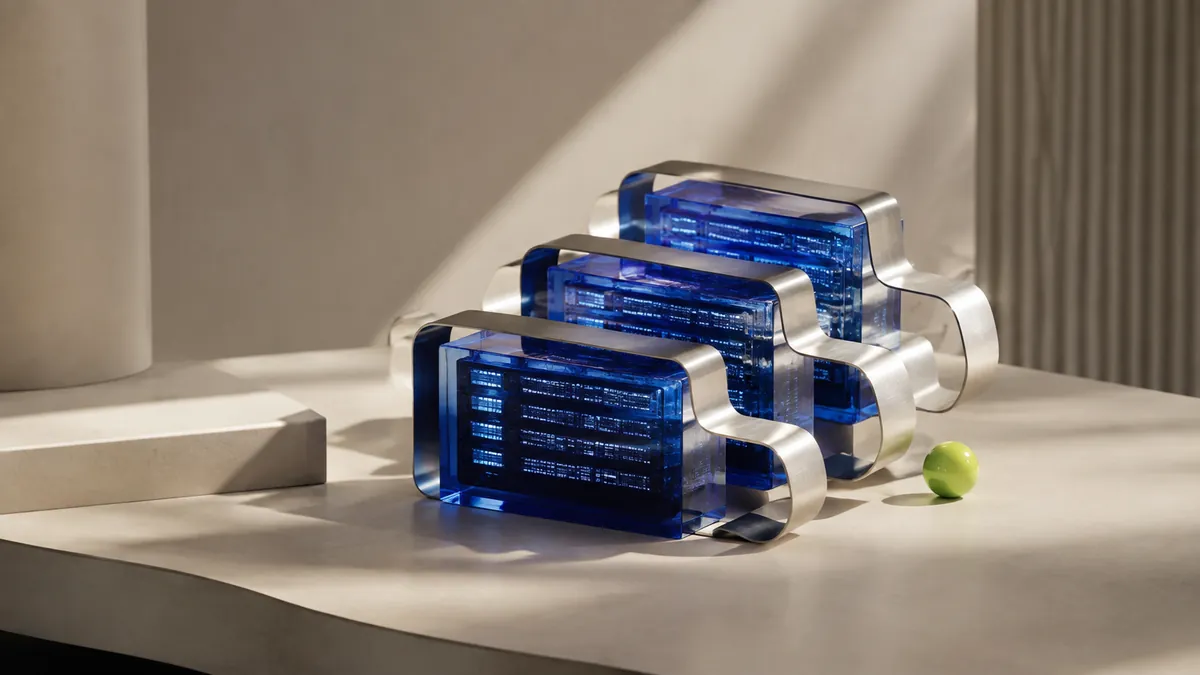 Connected blue glass computing modules illustrating AI workflow automation