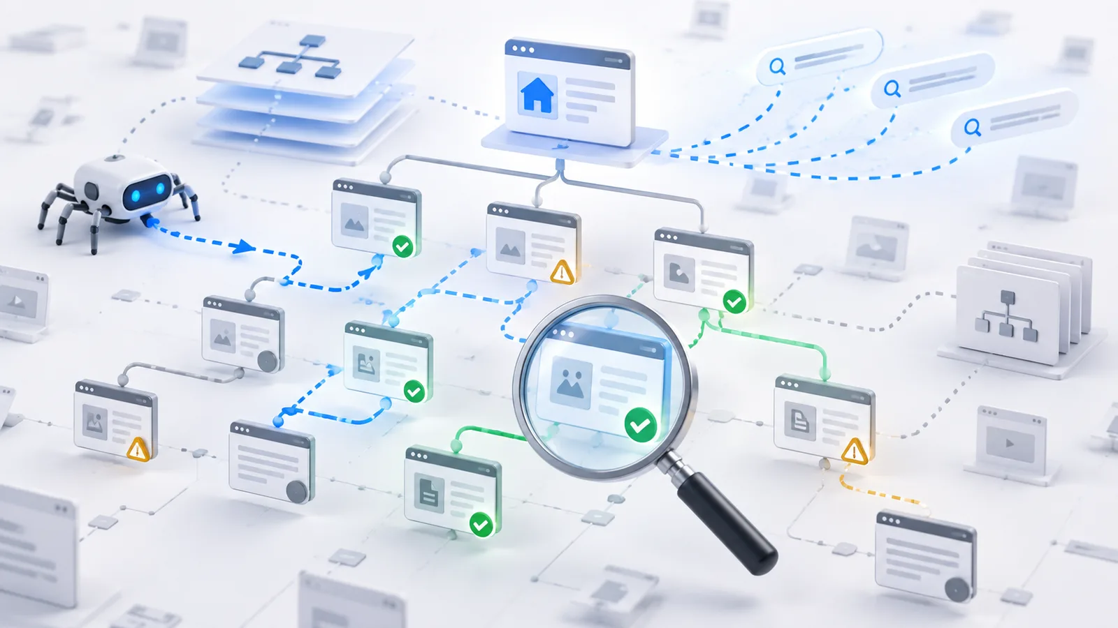 Search Console style dashboard showing indexing, sitemap, keyword query and SEO issue reports for a website