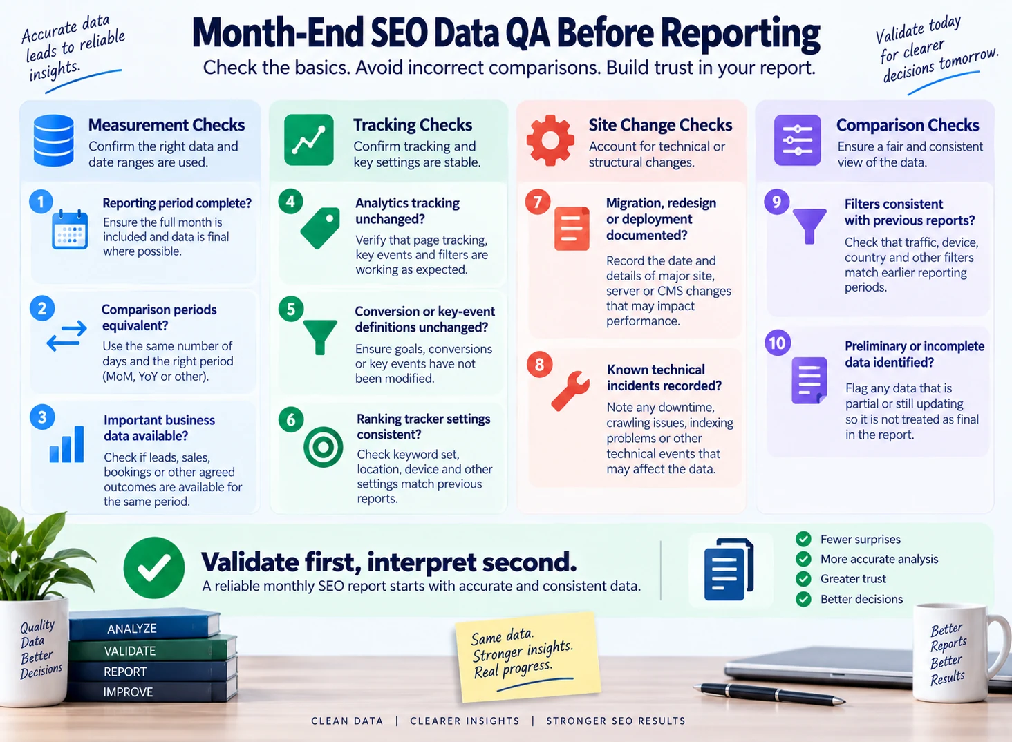 Monthly SEO report data quality checklist for reporting periods, tracking, filters and incidents