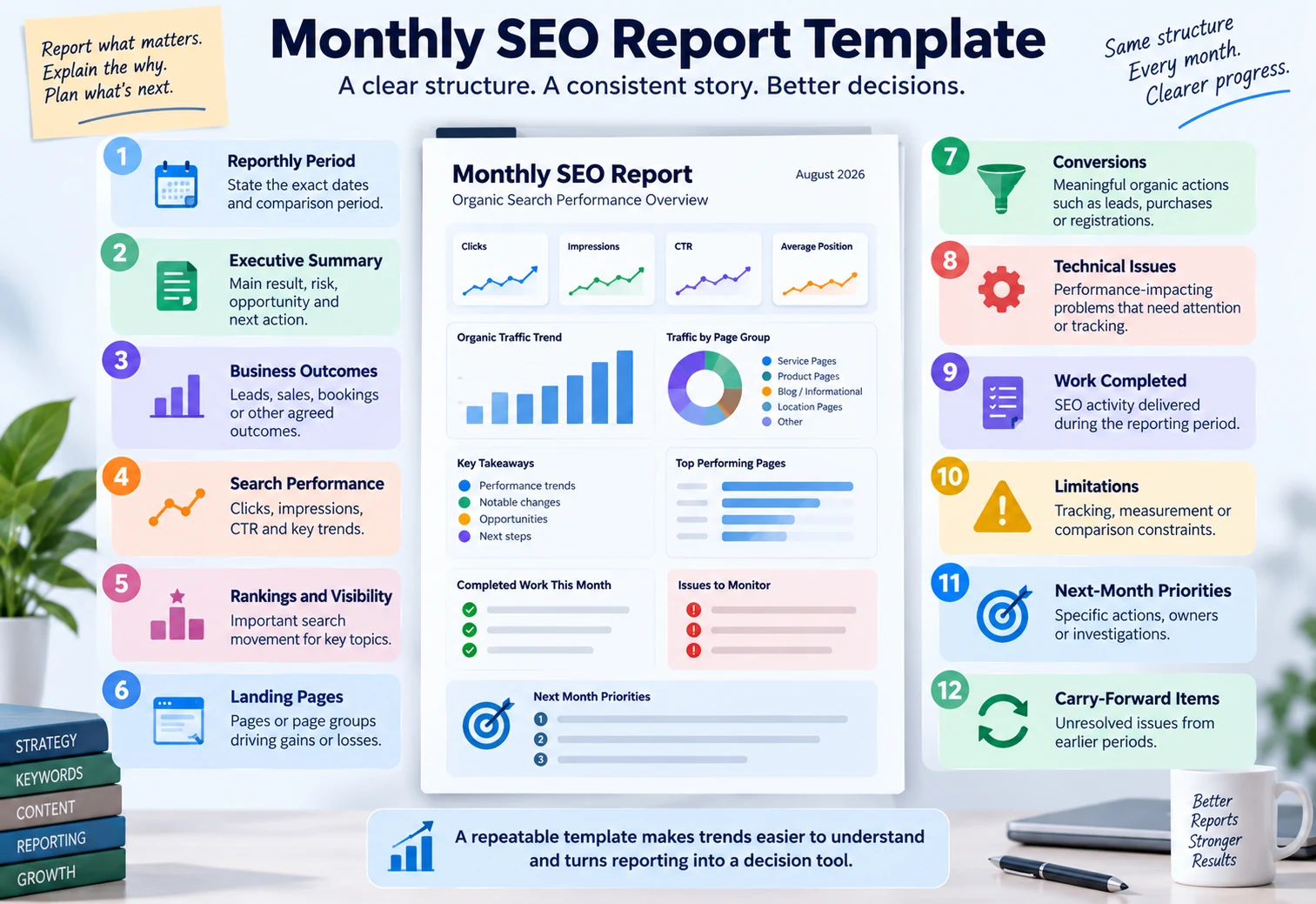 Monthly SEO report template sections covering summary, outcomes, search performance, completed work and priorities