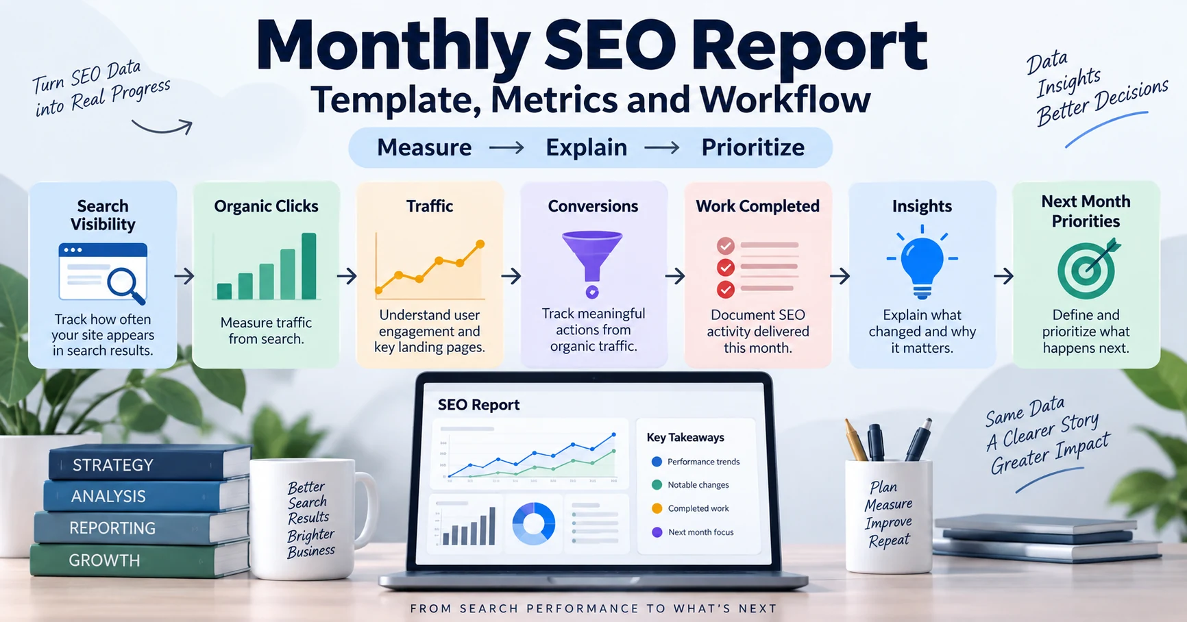 Monthly SEO report template workflow connecting performance data, completed work, interpretation and next actions
