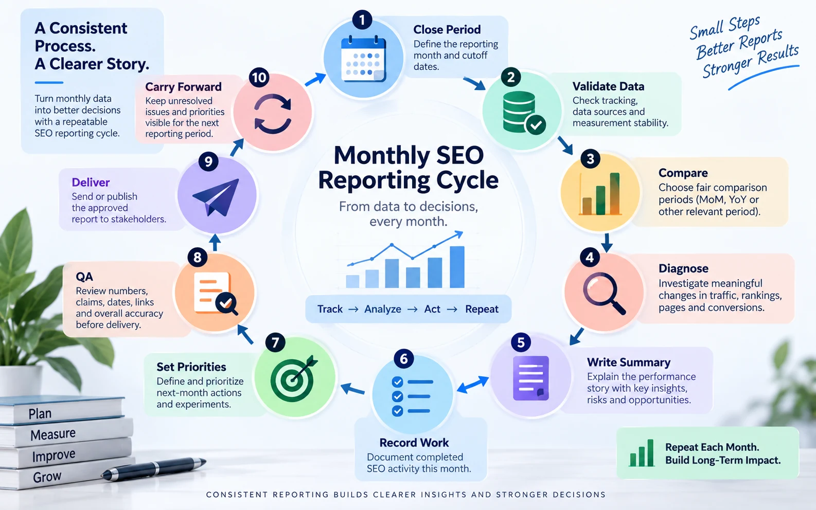 Monthly SEO reporting cycle from period close and data validation through analysis, delivery and carry-forward actions