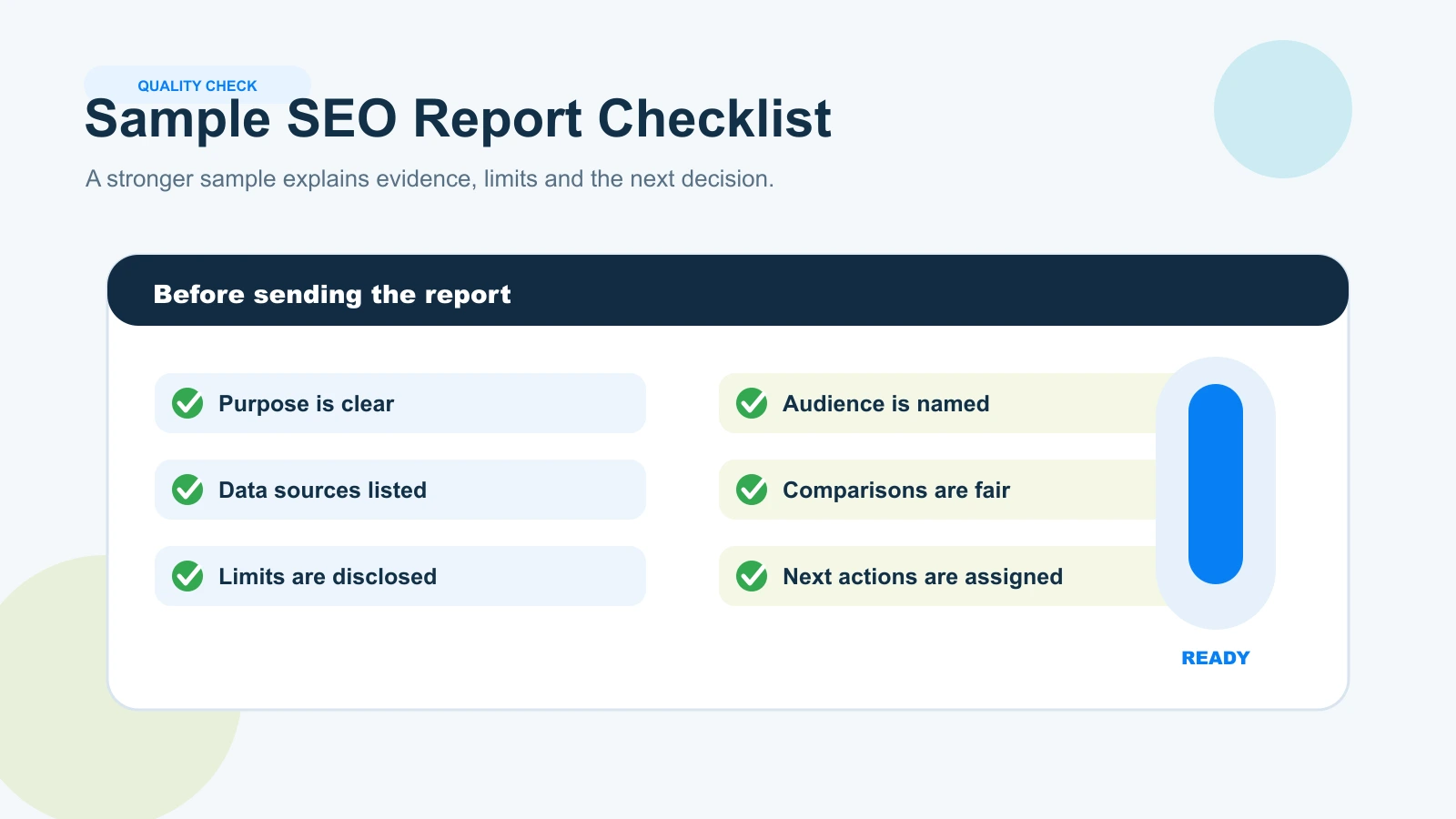 Sample SEO report checklist covering purpose, audience, data sources, comparisons, interpretation, limitations and next actions