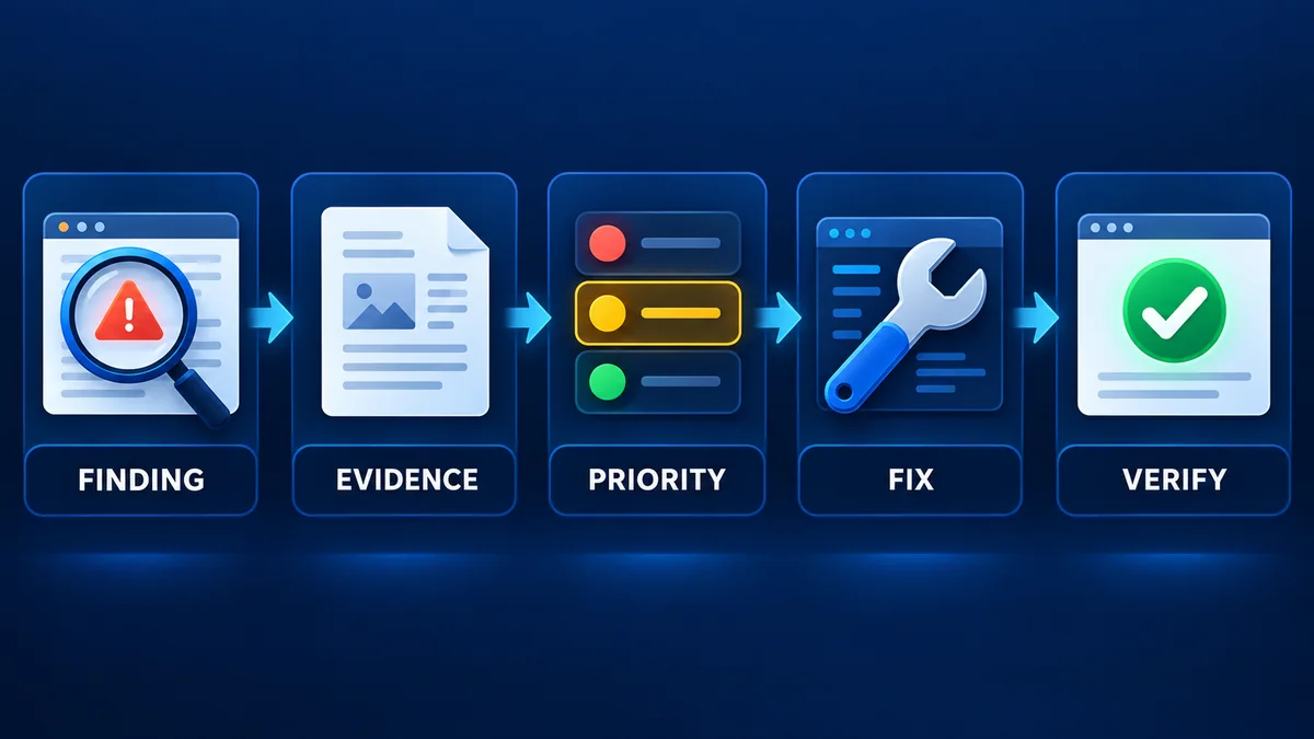 SEO audit workflow moving from finding and evidence through priority, fix and verification