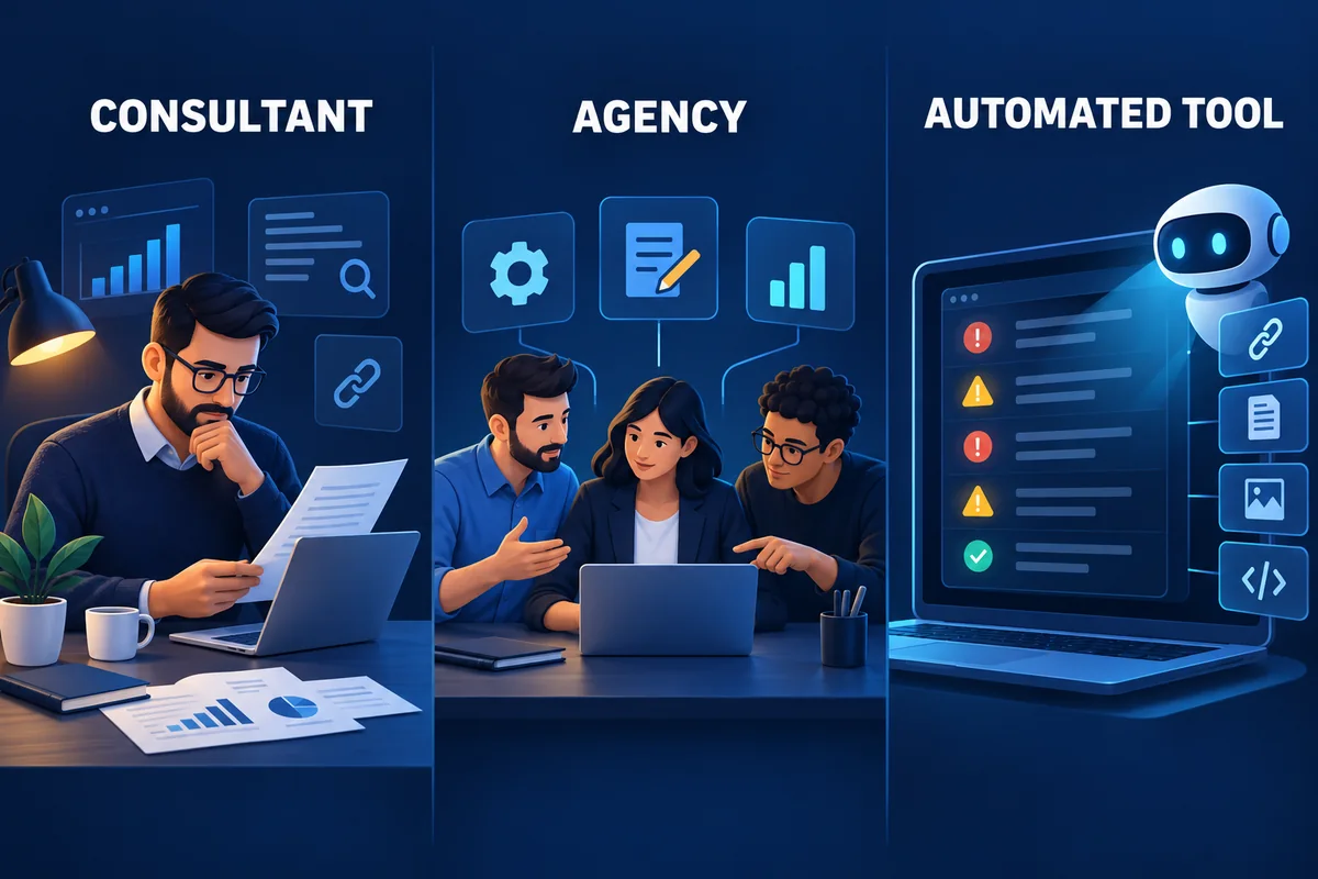 Comparison of an individual SEO audit consultant, an agency team and an automated audit tool