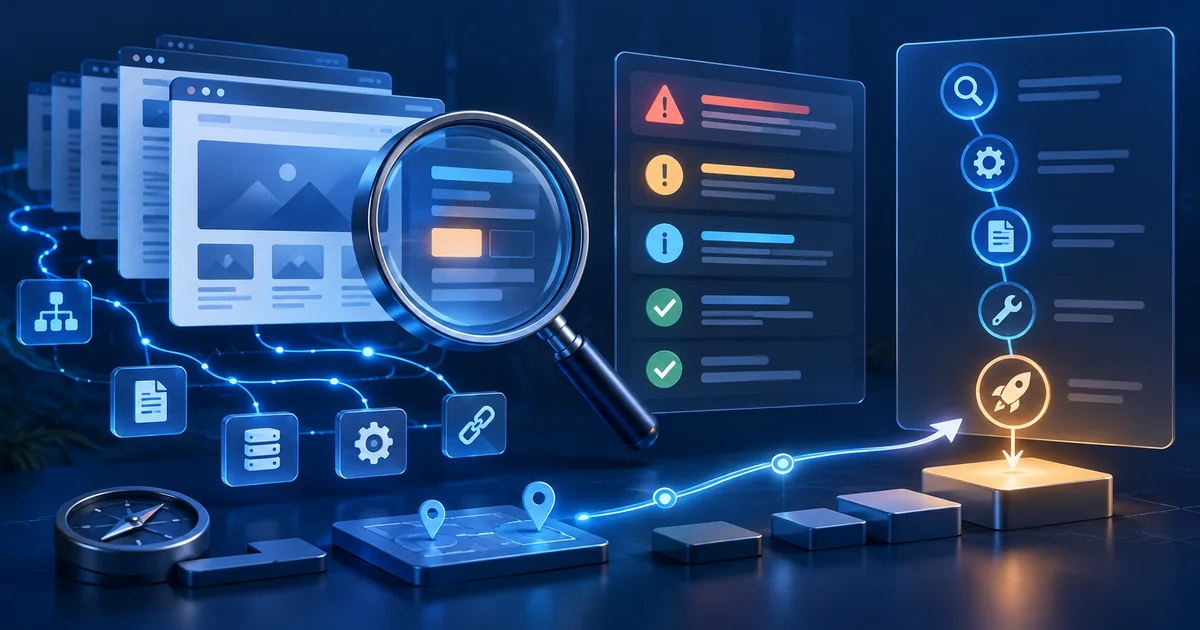 SEO audit review showing website evidence, prioritized findings and a path from diagnosis to implementation