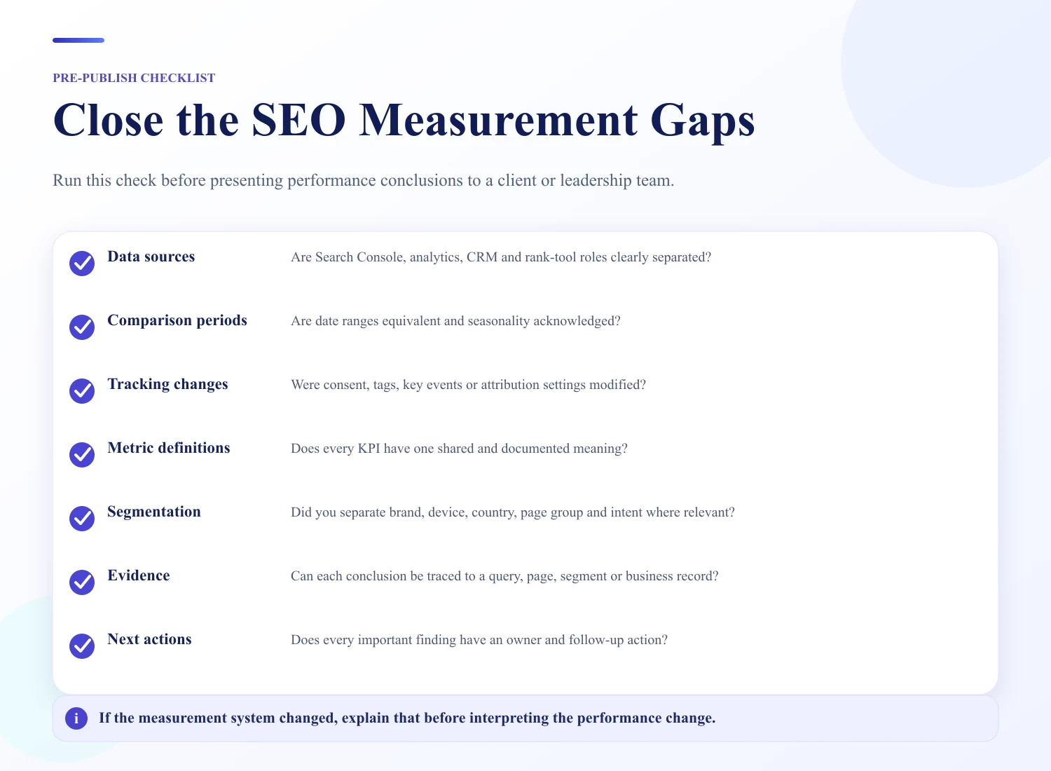 SEO analytics reporting checklist for data sources, comparison periods, tracking changes, metric definitions and next actions