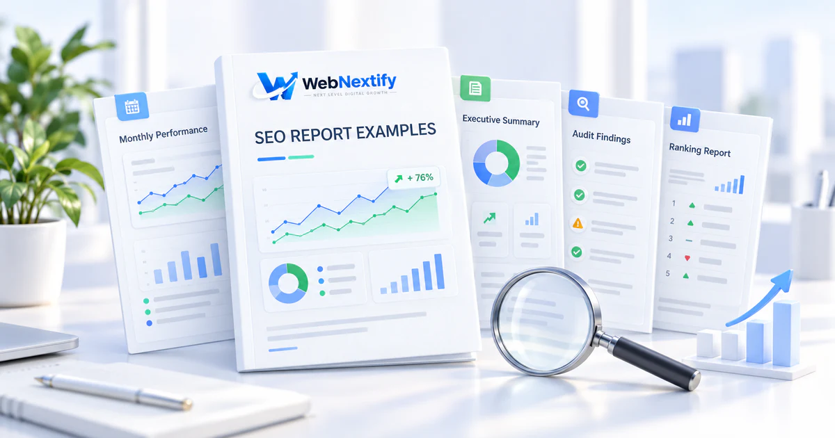 SEO report examples including monthly, executive, audit, competitor, on-page and ranking reports