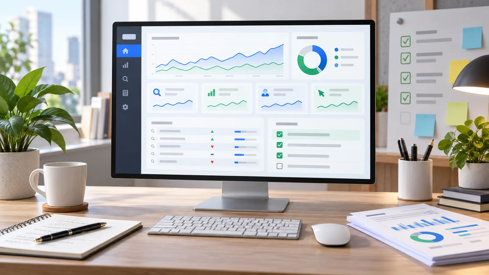 SEO reporting dashboard with keyword movement, search performance charts and a next action checklist